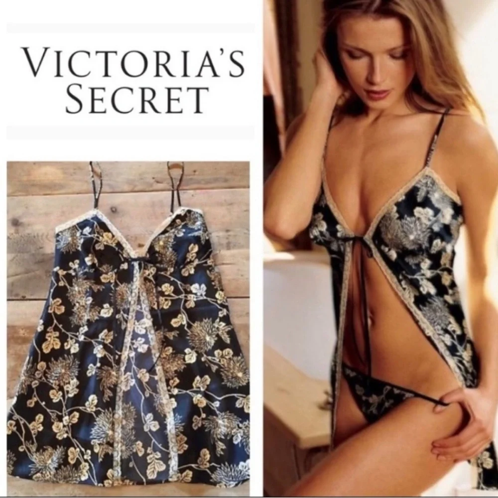 NWOT Vintage Victoria’s Secret Satin Floral Open-Front Slip Dress